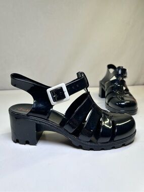 DollyMix Black Heeled Jelly Sandals Chunky Heel, Platform Buckle Strap. Size 6